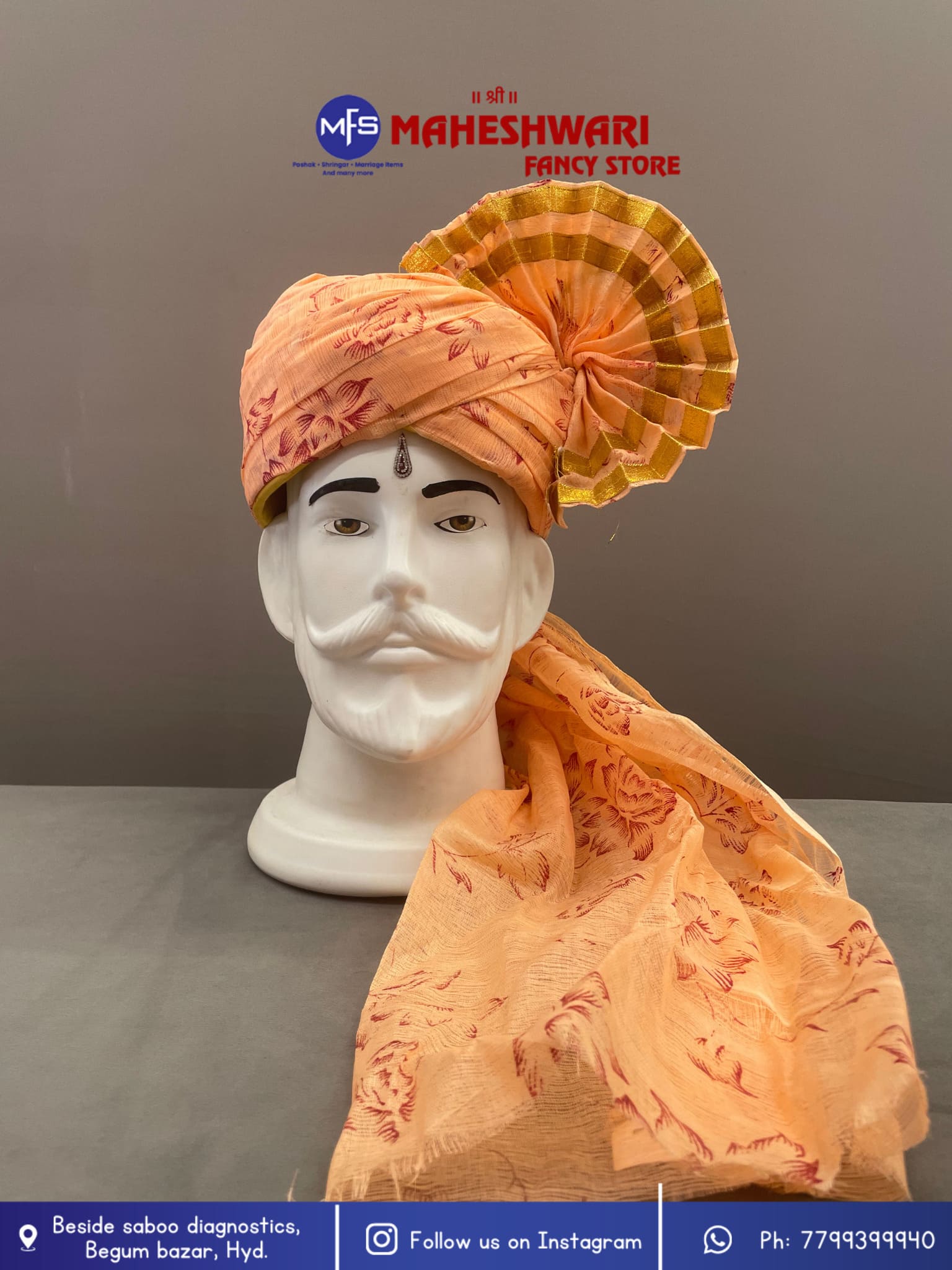 Peach Floral Barati Pagdi Fabric